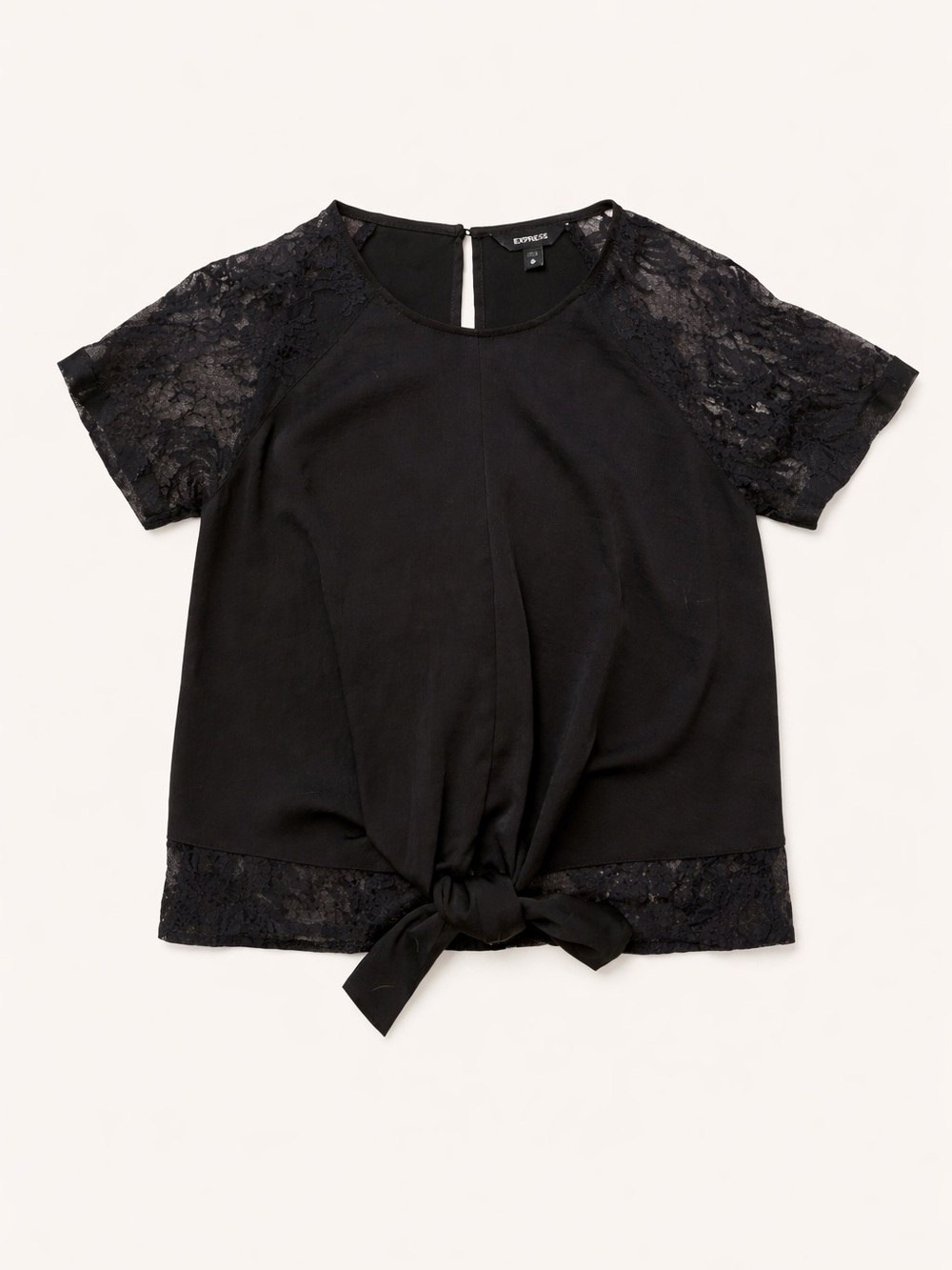 Express Black Short Lace-Sleeve Tie-Front Top